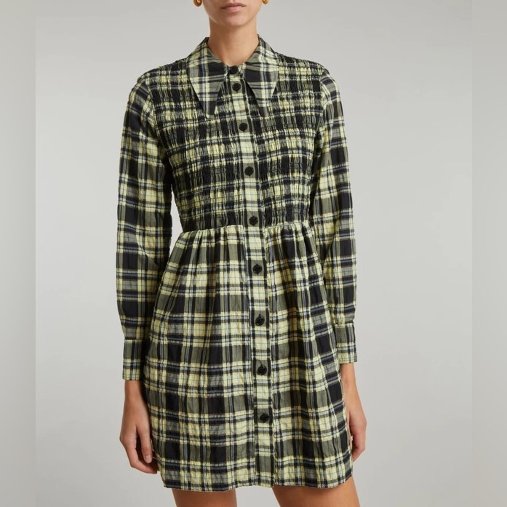 Ganni Searsucker Check Smocked Dress